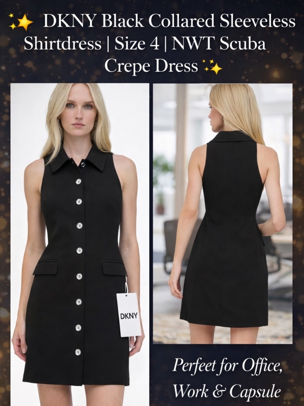 DKNY Tailored Black Scuba Crepe Shirtdress Size 4 NWT Chic Office Dress